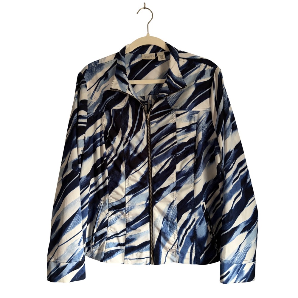 Zenergy by Chico's Blue Abstract Brushstroke Zip Front Jacket Size 2 Large